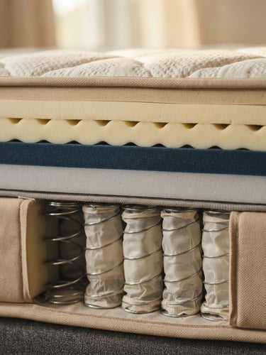 Macro detail shot of premium orthopedic mattress cross-section, showing high-density foam layers and pocket springs, warm editorial photography, soft morning daylight, muted natural tones