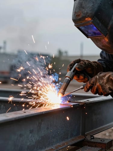 Close-up of a welder's hands operating a torch on raw structural steel, intense sparks flying, dramatic side-lighting, overcast industrial environment.