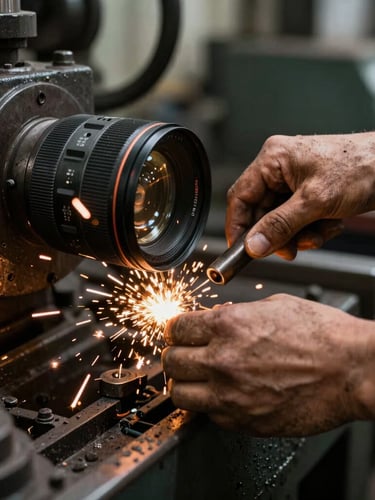 Close-up shot of weathered hands operating heavy industrial machinery, high-contrast dramatic side-lighting, raw steel environment, sparks flying.