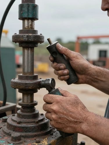 Close-up shot of weathered hands operating heavy industrial machinery on an active jobsite, natural overcast daylight.