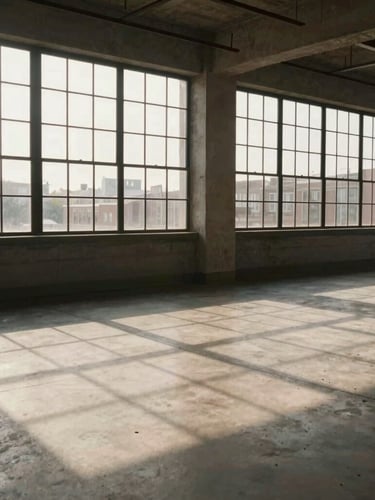 Wide-angle, low-occupancy interior shot of the South Loop loft atelier, late afternoon sun cutting through steel-framed windows casting dramatic geometric shadows on a matte concrete floor.