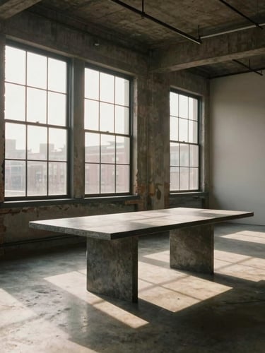 Wide-angle interior of a minimalist South Loop loft at golden hour. Hard directional natural light cuts through tall industrial windows, casting sharp geometric shadows on a concrete floor and a matte gray stone table.