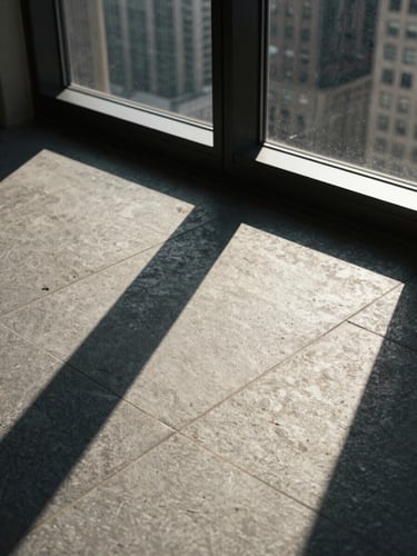 Macro architectural detail of Chicago high-rise window casting sharp geometric shadows on a matte gray stone floor, hard directional afternoon light.
