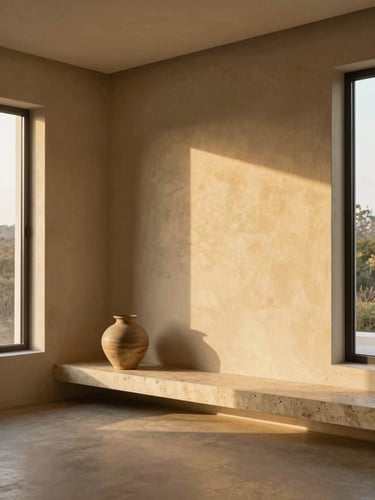 Interno minimalista con panca sospesa in pietra, pareti materiche e luce naturale