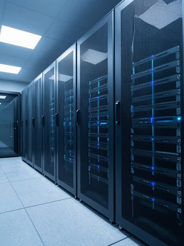 Wide angle shot of a clean, structured server room with cool blue lighting, architectural glass panels, and geometric lines reflecting data flow.
