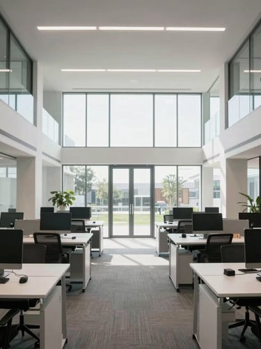 Wide environmental angle of a modern, well-lit corporate technology workspace, clean architectural lines, structured glass walls, soft natural daylight, professional atmosphere.