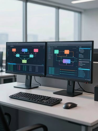 A high-end, structured modern enterprise workstation showing data flow diagrams on a dual-monitor setup, cool daylight from a large window, clean lines, professional atmosphere.