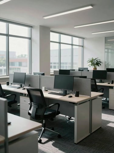 Wide-angle view of a modern, structured corporate workstation with clean lines, natural daylight pouring through large windows, cool professional undertones.