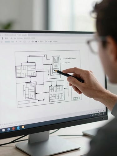 Tight close-up of a technical professional analyzing structured system architecture diagrams on a clean, modern monitor, soft natural window light.