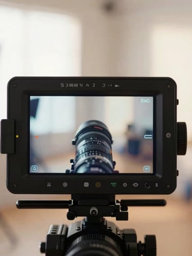 A close-up vertical shot of a modern film camera monitor displaying a brightly lit scene, set against the blurred background of a sun-drenched production studio.