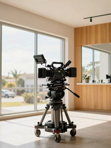 Wide environmental shot of a modern film production set, a professional camera rig on a dolly in the foreground, bright Florida daylight streaming through large windows, warm amber accents, 35mm lens