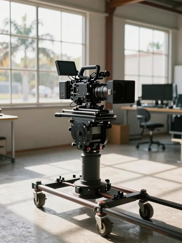 A high-end modern cinematic camera rig on a dolly track, warm sun-drenched Florida daylight streaming through warehouse windows, technical editing bay visible in the background, sharp 35mm composition.