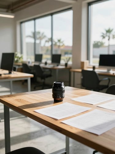 A bright, modern architectural creative workspace, concrete floors, large windows with sun-drenched Sarasota daylight, empty editing bays and script pages on a wooden table, 35mm lens