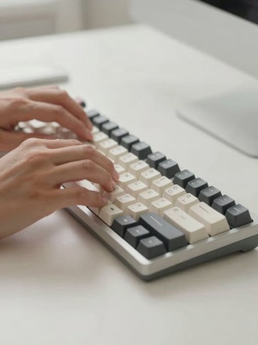 Close-up of hands typing on a mechanical keyboard in soft natural daylight, minimalist workspace, 35mm.