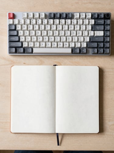 Overhead flat-lay of a minimalist wooden desk in India, a mechanical keyboard, a single notebook, soft natural daylight, 35mm photograph