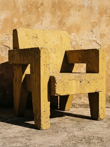 Low-angle medium shot of a heavy, brutalist mustard yellow concrete chair set against a raw weathered plaster wall, harsh direct sunlight casting dramatic sharp shadows.
