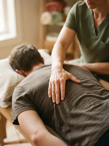 Close-up of hands-on manual therapy, soft natural daylight, muted earth tones, shallow depth of field, 35mm