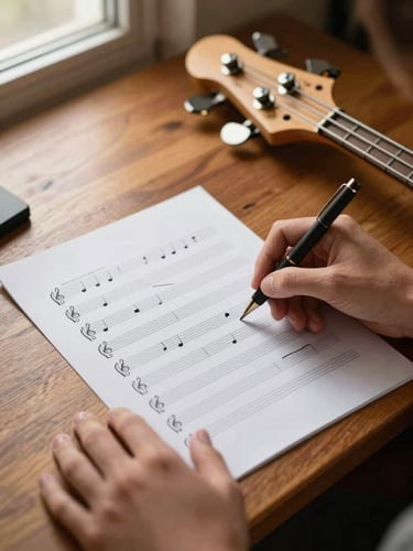 Hands writing musical notation on a clean staff paper score next to an electric bass neck, warm residential desk lighting, 35mm
