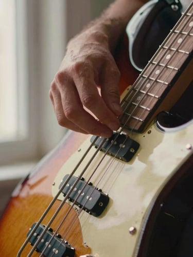 Close-up of fingers plucking thick flatwound strings on an old sunburst electric bass, rich wood grain, soft residential window light, shallow depth of field