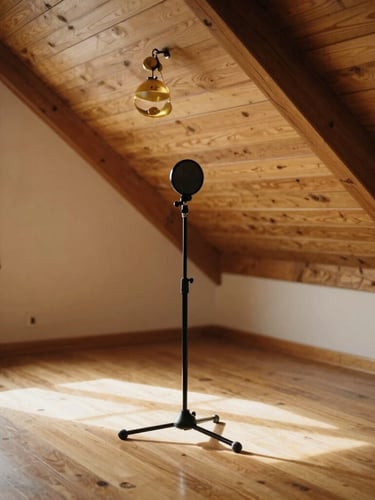 Tight editorial angle of a vaulted wooden ceiling and warm oak floorboards in a sunlit room, a microphone stand positioned to capture natural room acoustics, 35mm