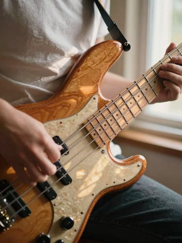 Close-up of hands playing a vintage electric bass, warm residential window light casting soft shadows on the wood grain, 35mm photography