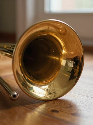 Close-up of a vintage brass trombone bell reflecting warm residential window light, shallow depth of field, rich wood floor background