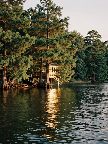 Warm golden-hour sunlight reflecting on the quiet waters of Lake Travis, surrounded by deep green cedar trees, cinematic 35mm photography.