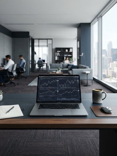 Wide panoramic modern office environment, focus on a clean desk with a laptop displaying financial data, natural daylight from a large window on the right, professional and calm atmosphere, navy and slate tones.