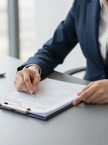 Close-up of a professional woman's hands reviewing financial documents on a modern desk, natural office lighting, clean navy and slate tones, sharp focus, 35mm