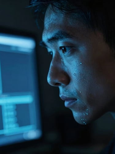 Macro close-up of a focused operator's face in a low-light environment, sharp cool blue terminal glow highlighting technical concentration, 35mm cinematic photography.