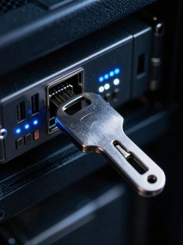 Macro close-up of a high-end hardware security key inserted into a dark server chassis, cold-toned blue and white indicator lights, high-contrast technical atmosphere.