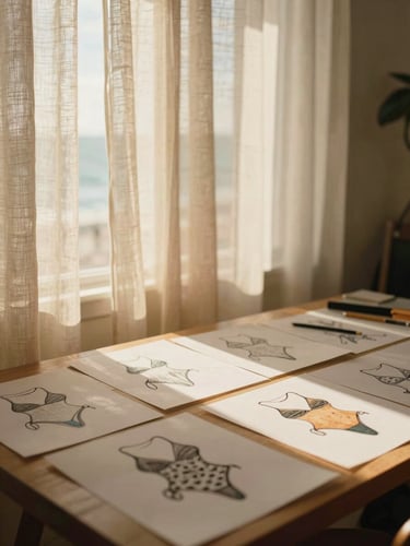 An airy, sun-drenched design studio in Fort Lauderdale with sketches of swimwear on a table, soft linen curtains blowing in a light breeze, warm afternoon light casting soft shadows.