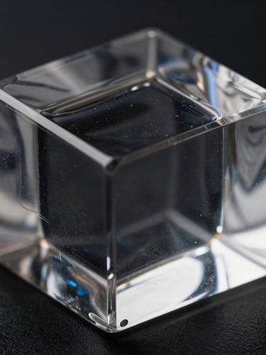 Macro studio photograph of molded transparent polymer block, sharp glossy reflections, deep black background, low-key lighting.