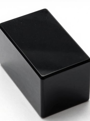 Stark macro studio photograph of polished black acrylic with sharp, glossy reflections under low-key high-contrast lighting, monolithic form.