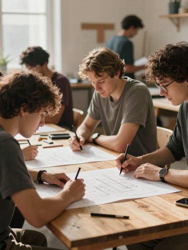 Warm, natural daylight illuminating an active community workshop space, people gathered around a wooden table collaborating on plans, candid medium shot, soft focus background.