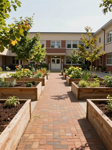 A sunlit community garden courtyard with young trees, wooden planting beds, and a brick pathway leading toward a local school building, warm natural daylight.