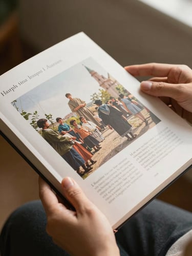 Close-up of hands holding a beautifully printed local community archive book, natural morning light, soft warm shadows.