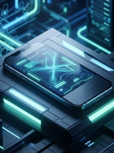 sleek 3d render, dark tech aesthetic, neon blue and mint ambient glow, high-fidelity mobile device mockup, sharp focus, isometric angle