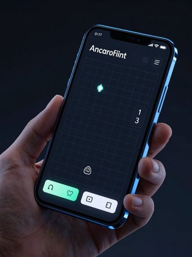 sleek 3d render, dark tech aesthetic, neon blue ambient glow, close-up hand holding an Android phone displaying a clean wireframe utility interface, sharp focus