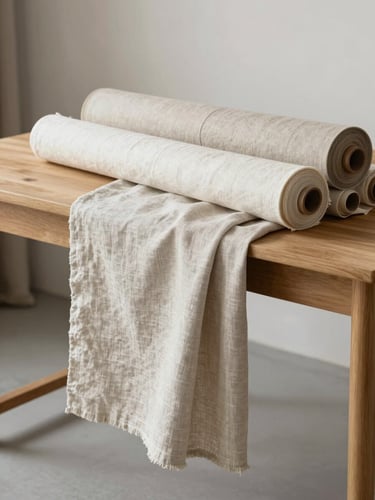 Soft diffused daylight illuminating rolls of neutral linen and cotton fabrics draped over a minimalist wooden worktable in a bright design studio.