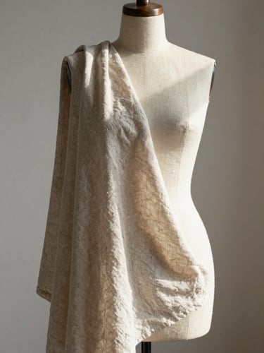 A close-up of heavy linen fabric draped elegantly over a minimalist wooden dress form in a sunlit studio.