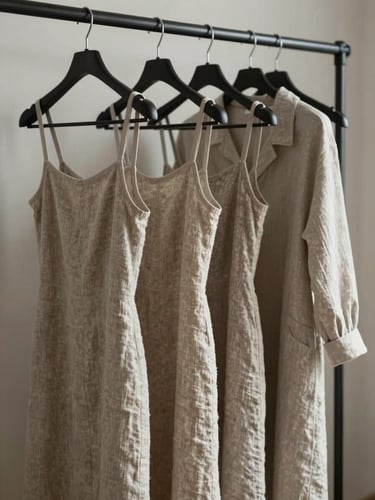 A minimalist garment rack holding neutral-toned linen dresses, soft side lighting highlighting the elegant drape and clean seams