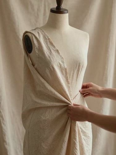 Soft, diffused daylight in a Millcreek studio, hands pinning heavy linen drape on a minimalist dress form, warm sandstone tones.