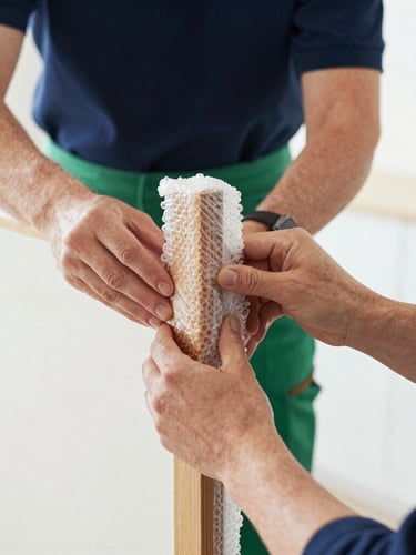 Hands wrapping a wooden furniture leg carefully with protective bubble wrap inside a bright room, professional documentary style
