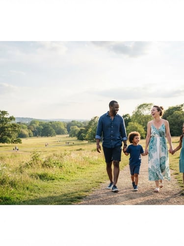 Wide panoramic shot of a diverse, smiling family (parents and two children) walking hand-in-hand in a sunlit park, warm natural daylight, soft teal and deep blue accents, shallow depth of field, authentic, low horizon, expansive sky. Subject placed to the right.