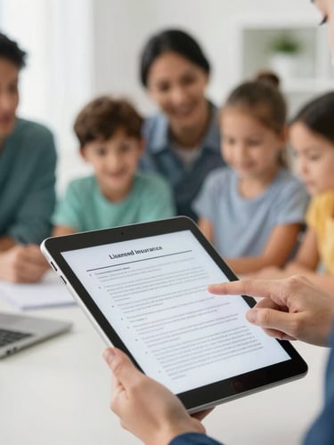 A licensed insurance advisor's hands pointing to a specific clause on a tablet screen, a diverse family in soft focus in the background, bright natural daylight, soft teal and deep blue accents, shallow depth of field, authentic