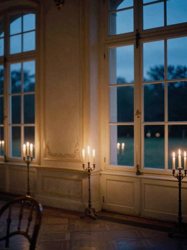 Elegant historic French château salon at dusk, warm candlelight glowing through tall windows, soft shadows, 35mm film photography, midnight blue highlights, shallow depth of field