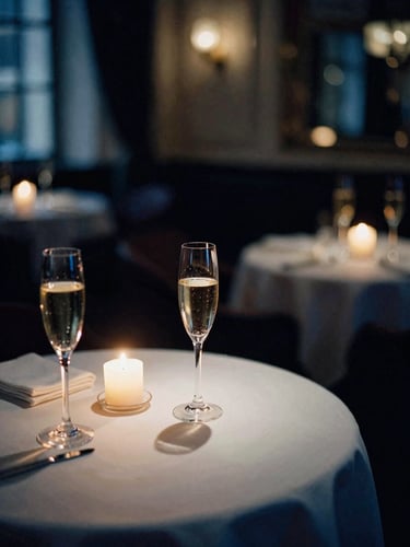 An elegant, dimly lit historic hotel lounge in Allier, warm candlelight casting soft shadows on champagne glasses, editorial film photography style, shallow depth of field, 35mm