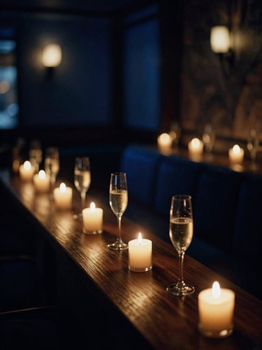 Elegant dimly lit hotel lounge interior, warm candlelight, deep midnight blue shadows, champagne gold highlights, shallow depth of field, 35mm