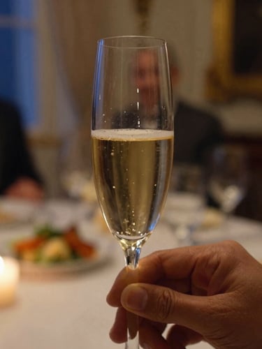 Close-up of champagne flute being held at an elegant dinner party, warm amber lighting, soft focus on a historic dining room background, editorial photography